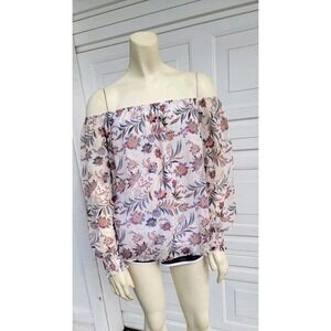 Boho Peasant Pink Rose Sheer Flowy Floral Scoop Neck Balloon Sleeve Womens L